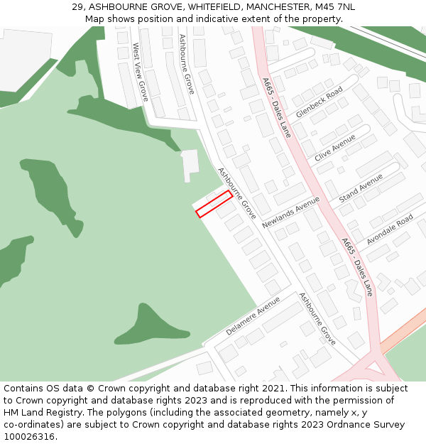 29, ASHBOURNE GROVE, WHITEFIELD, MANCHESTER, M45 7NL: Location map and indicative extent of plot