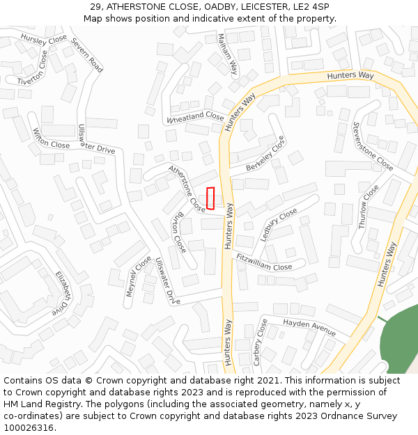 29, ATHERSTONE CLOSE, OADBY, LEICESTER, LE2 4SP: Location map and indicative extent of plot