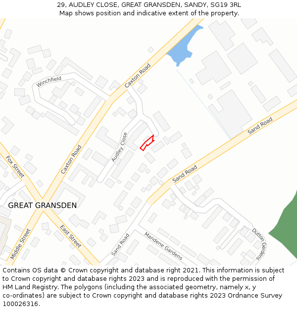 29, AUDLEY CLOSE, GREAT GRANSDEN, SANDY, SG19 3RL: Location map and indicative extent of plot