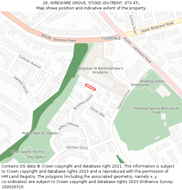 29, AYRESHIRE GROVE, STOKE-ON-TRENT, ST3 4TL: Location map and indicative extent of plot