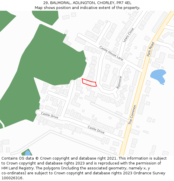 29, BALMORAL, ADLINGTON, CHORLEY, PR7 4EL: Location map and indicative extent of plot