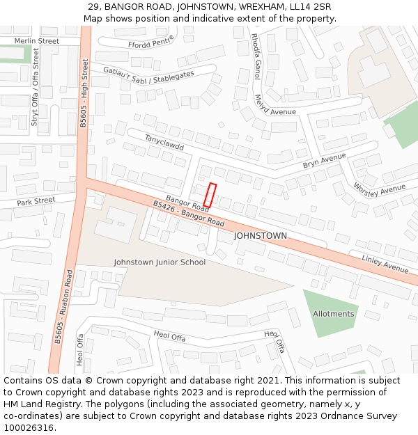 29, BANGOR ROAD, JOHNSTOWN, WREXHAM, LL14 2SR: Location map and indicative extent of plot