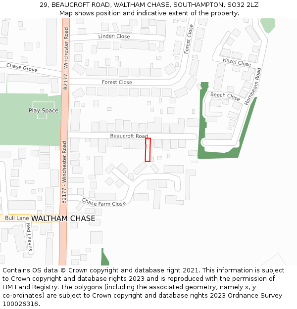 29, BEAUCROFT ROAD, WALTHAM CHASE, SOUTHAMPTON, SO32 2LZ: Location map and indicative extent of plot