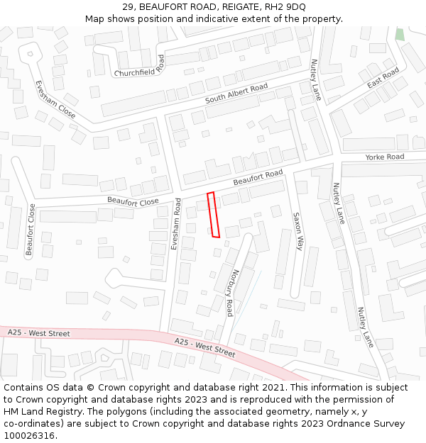 29, BEAUFORT ROAD, REIGATE, RH2 9DQ: Location map and indicative extent of plot