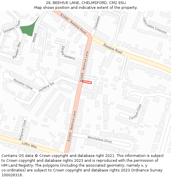 29, BEEHIVE LANE, CHELMSFORD, CM2 9SU: Location map and indicative extent of plot