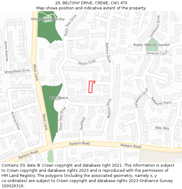 29, BELTONY DRIVE, CREWE, CW1 4TX: Location map and indicative extent of plot