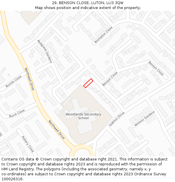 29, BENSON CLOSE, LUTON, LU3 3QW: Location map and indicative extent of plot