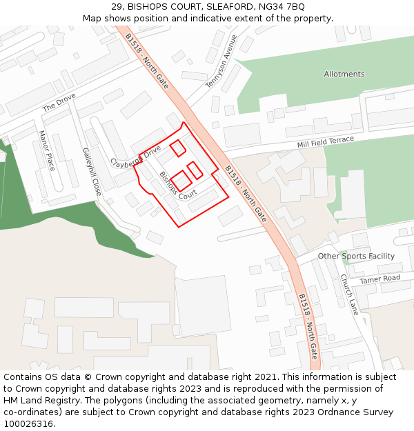 29, BISHOPS COURT, SLEAFORD, NG34 7BQ: Location map and indicative extent of plot