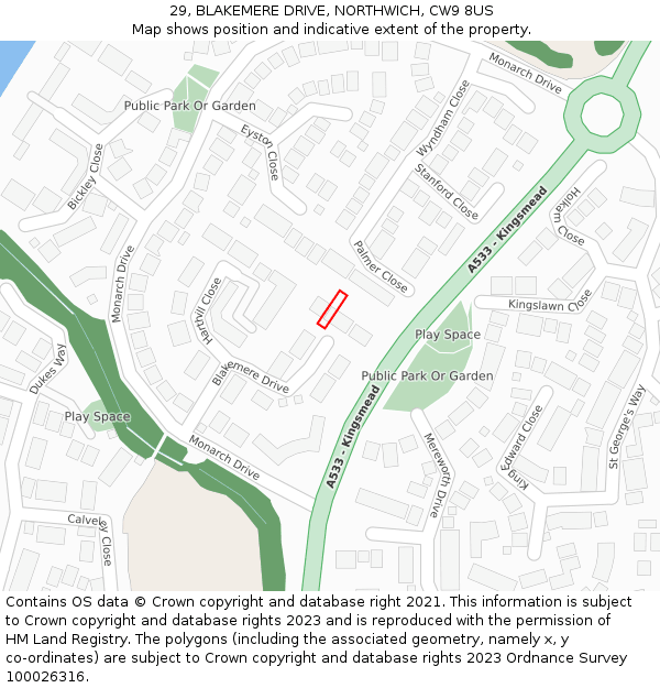 29, BLAKEMERE DRIVE, NORTHWICH, CW9 8US: Location map and indicative extent of plot