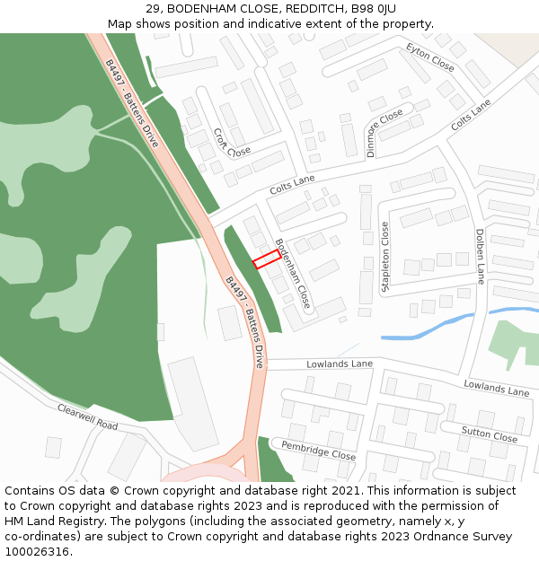 29, BODENHAM CLOSE, REDDITCH, B98 0JU: Location map and indicative extent of plot