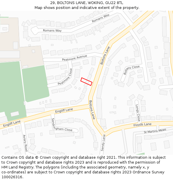 29, BOLTONS LANE, WOKING, GU22 8TL: Location map and indicative extent of plot