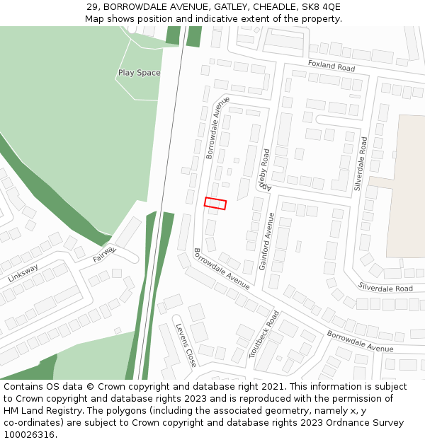 29, BORROWDALE AVENUE, GATLEY, CHEADLE, SK8 4QE: Location map and indicative extent of plot