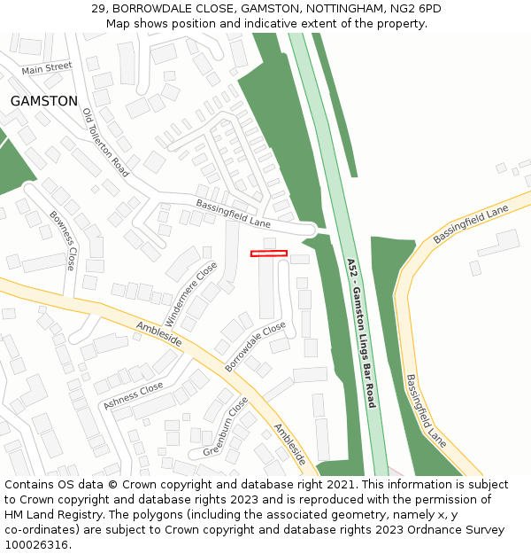 29, BORROWDALE CLOSE, GAMSTON, NOTTINGHAM, NG2 6PD: Location map and indicative extent of plot