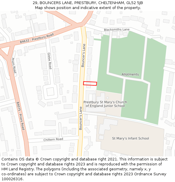 29, BOUNCERS LANE, PRESTBURY, CHELTENHAM, GL52 5JB: Location map and indicative extent of plot