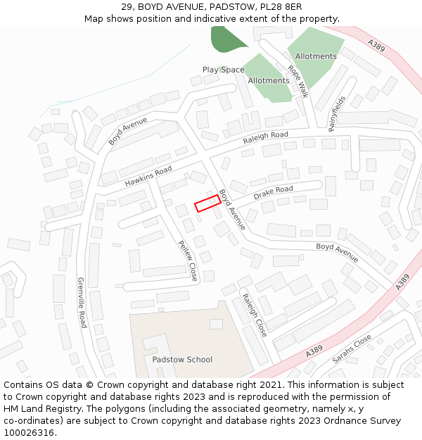 29, BOYD AVENUE, PADSTOW, PL28 8ER: Location map and indicative extent of plot