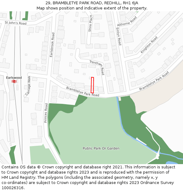 29, BRAMBLETYE PARK ROAD, REDHILL, RH1 6JA: Location map and indicative extent of plot