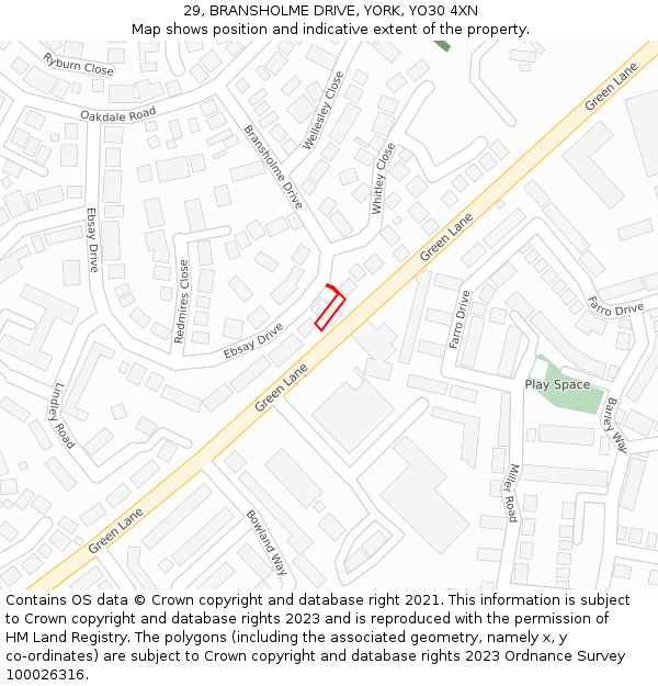 29, BRANSHOLME DRIVE, YORK, YO30 4XN: Location map and indicative extent of plot