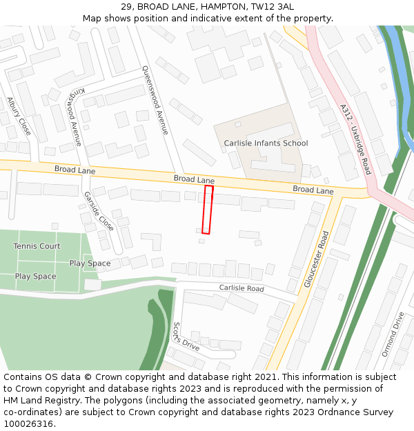 29, BROAD LANE, HAMPTON, TW12 3AL: Location map and indicative extent of plot