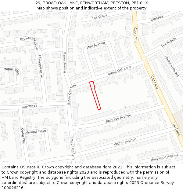 29, BROAD OAK LANE, PENWORTHAM, PRESTON, PR1 0UX: Location map and indicative extent of plot