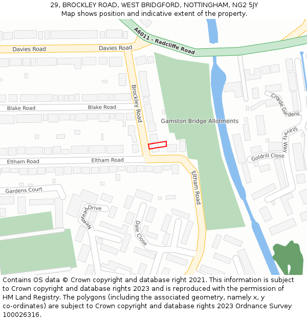 29, BROCKLEY ROAD, WEST BRIDGFORD, NOTTINGHAM, NG2 5JY: Location map and indicative extent of plot