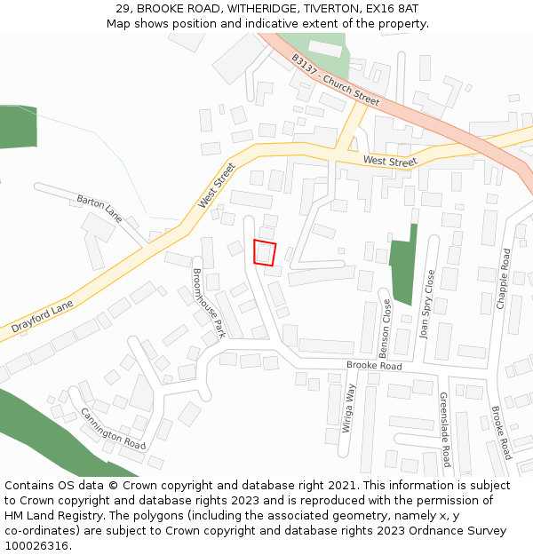29, BROOKE ROAD, WITHERIDGE, TIVERTON, EX16 8AT: Location map and indicative extent of plot