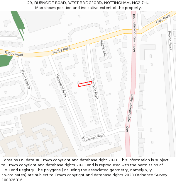 29, BURNSIDE ROAD, WEST BRIDGFORD, NOTTINGHAM, NG2 7HU: Location map and indicative extent of plot