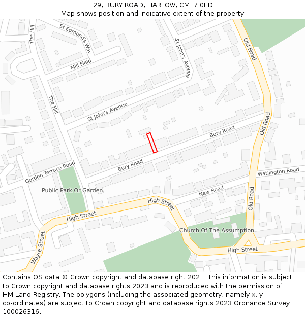 29, BURY ROAD, HARLOW, CM17 0ED: Location map and indicative extent of plot