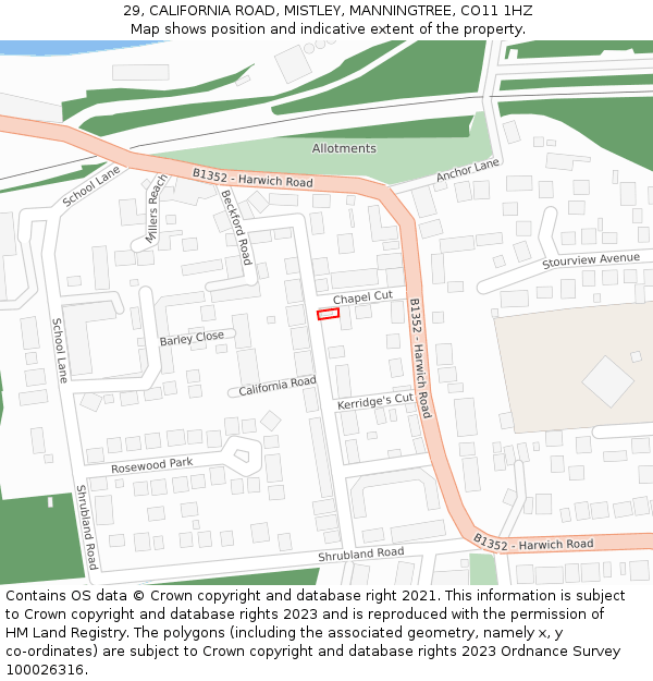 29, CALIFORNIA ROAD, MISTLEY, MANNINGTREE, CO11 1HZ: Location map and indicative extent of plot