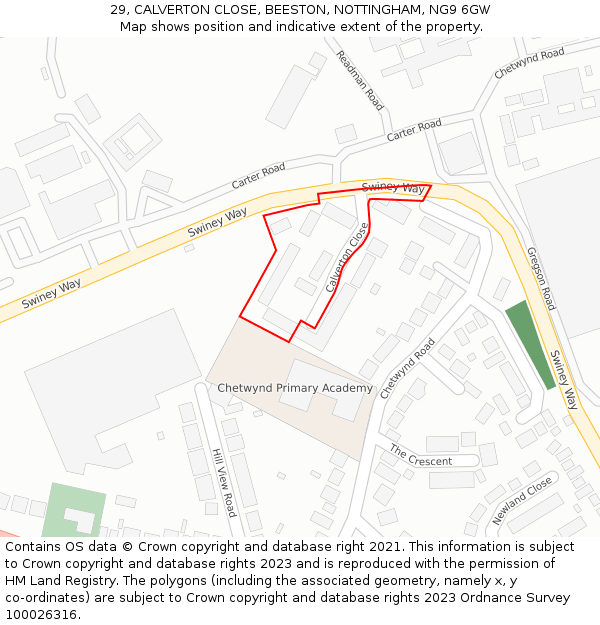 29, CALVERTON CLOSE, BEESTON, NOTTINGHAM, NG9 6GW: Location map and indicative extent of plot