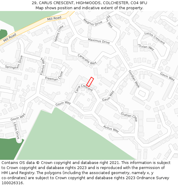 29, CARUS CRESCENT, HIGHWOODS, COLCHESTER, CO4 9FU: Location map and indicative extent of plot