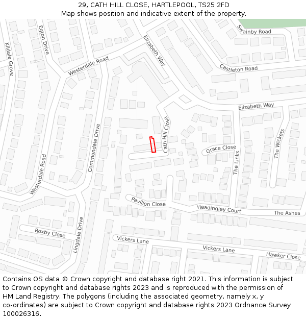 29, CATH HILL CLOSE, HARTLEPOOL, TS25 2FD: Location map and indicative extent of plot