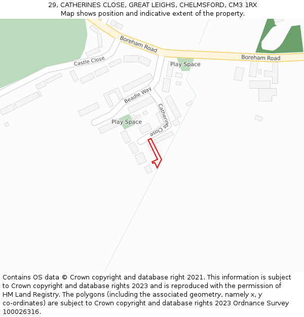 29, CATHERINES CLOSE, GREAT LEIGHS, CHELMSFORD, CM3 1RX: Location map and indicative extent of plot