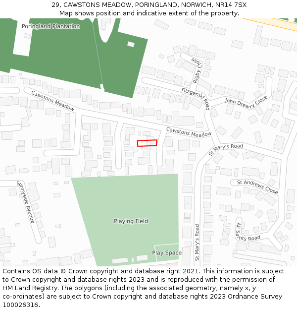 29, CAWSTONS MEADOW, PORINGLAND, NORWICH, NR14 7SX: Location map and indicative extent of plot