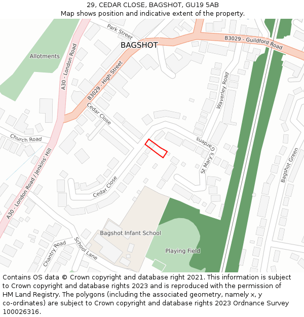 29, CEDAR CLOSE, BAGSHOT, GU19 5AB: Location map and indicative extent of plot