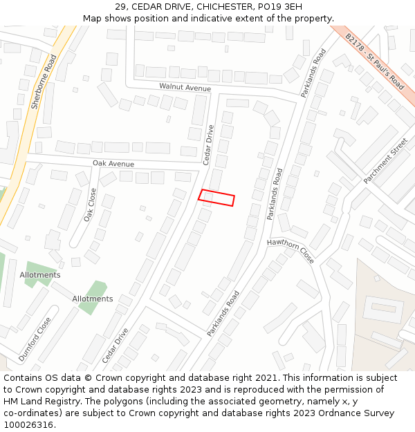 29, CEDAR DRIVE, CHICHESTER, PO19 3EH: Location map and indicative extent of plot