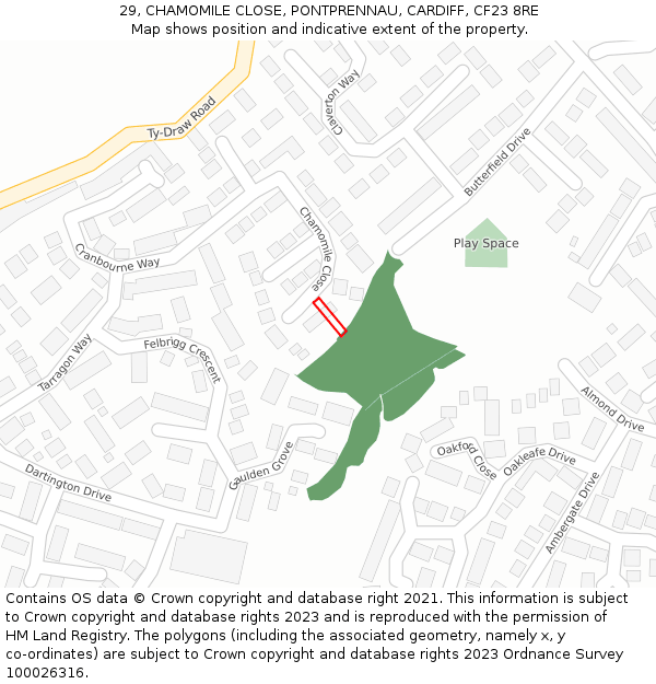 29, CHAMOMILE CLOSE, PONTPRENNAU, CARDIFF, CF23 8RE: Location map and indicative extent of plot