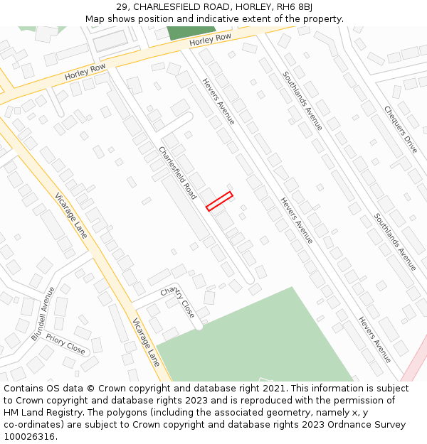 29, CHARLESFIELD ROAD, HORLEY, RH6 8BJ: Location map and indicative extent of plot