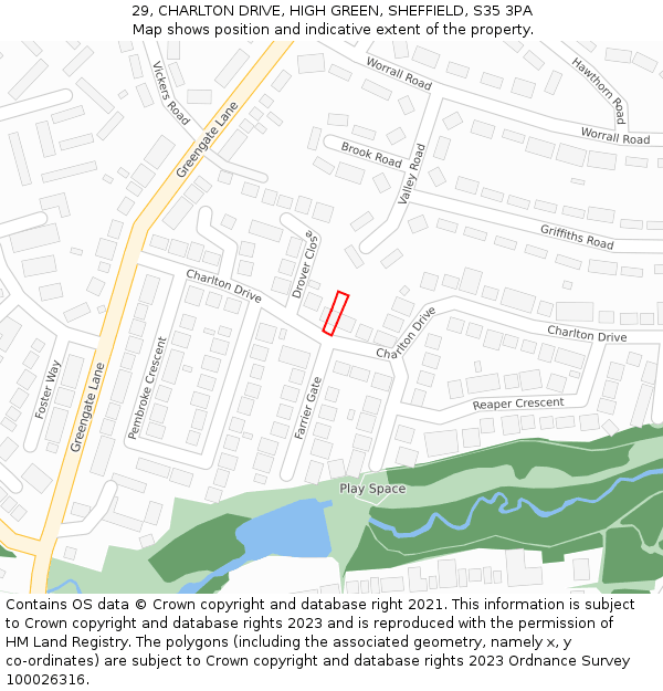 29, CHARLTON DRIVE, HIGH GREEN, SHEFFIELD, S35 3PA: Location map and indicative extent of plot