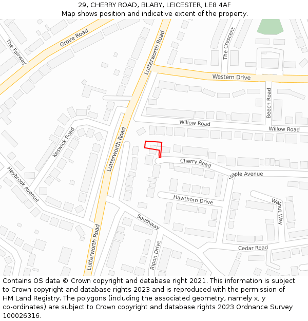 29, CHERRY ROAD, BLABY, LEICESTER, LE8 4AF: Location map and indicative extent of plot