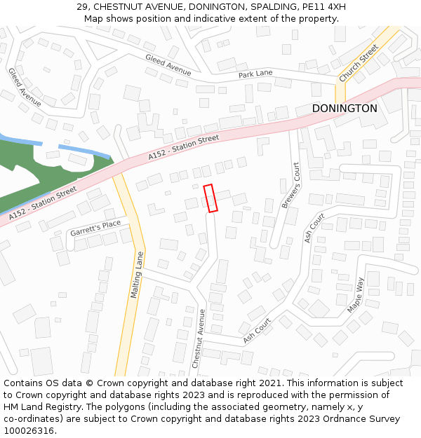 29, CHESTNUT AVENUE, DONINGTON, SPALDING, PE11 4XH: Location map and indicative extent of plot