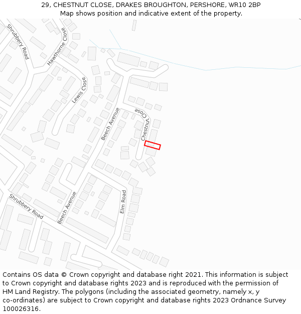 29, CHESTNUT CLOSE, DRAKES BROUGHTON, PERSHORE, WR10 2BP: Location map and indicative extent of plot