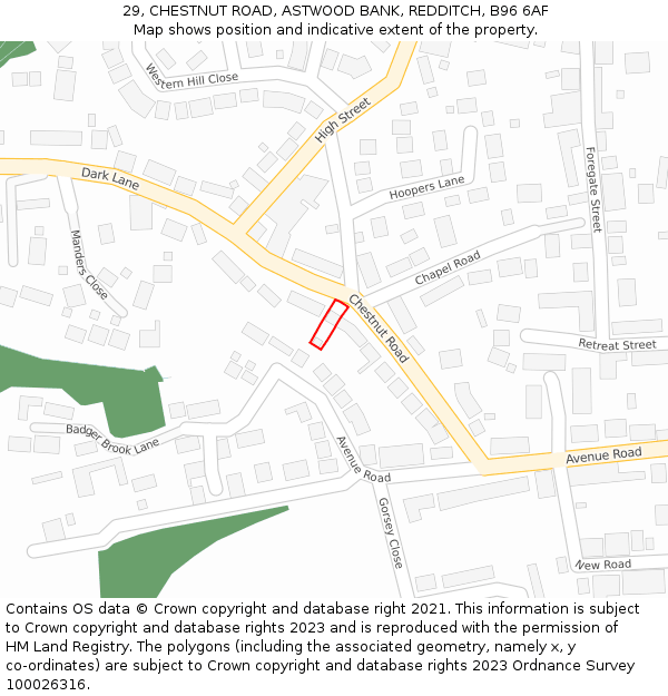 29, CHESTNUT ROAD, ASTWOOD BANK, REDDITCH, B96 6AF: Location map and indicative extent of plot