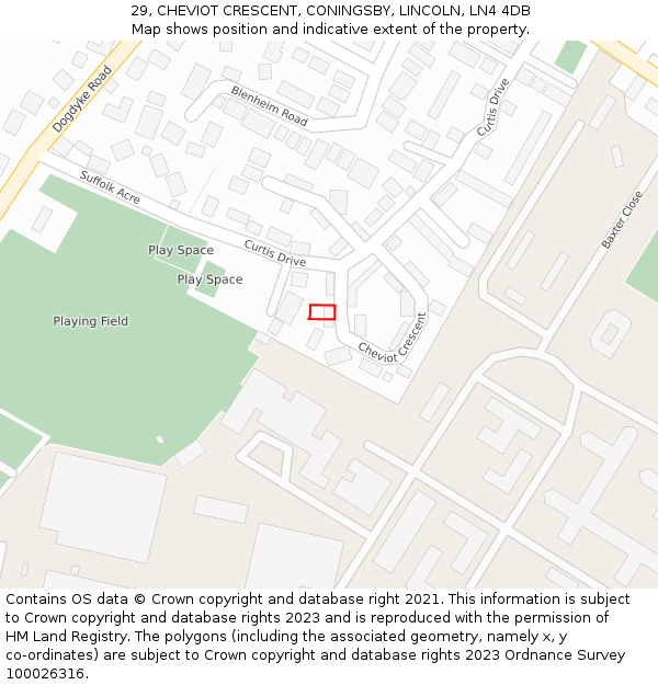29, CHEVIOT CRESCENT, CONINGSBY, LINCOLN, LN4 4DB: Location map and indicative extent of plot
