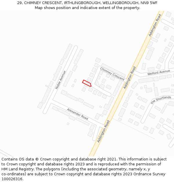 29, CHIMNEY CRESCENT, IRTHLINGBOROUGH, WELLINGBOROUGH, NN9 5WF: Location map and indicative extent of plot