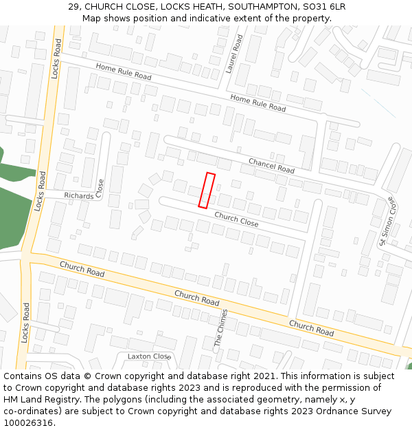 29, CHURCH CLOSE, LOCKS HEATH, SOUTHAMPTON, SO31 6LR: Location map and indicative extent of plot