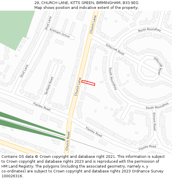 29, CHURCH LANE, KITTS GREEN, BIRMINGHAM, B33 9EG: Location map and indicative extent of plot