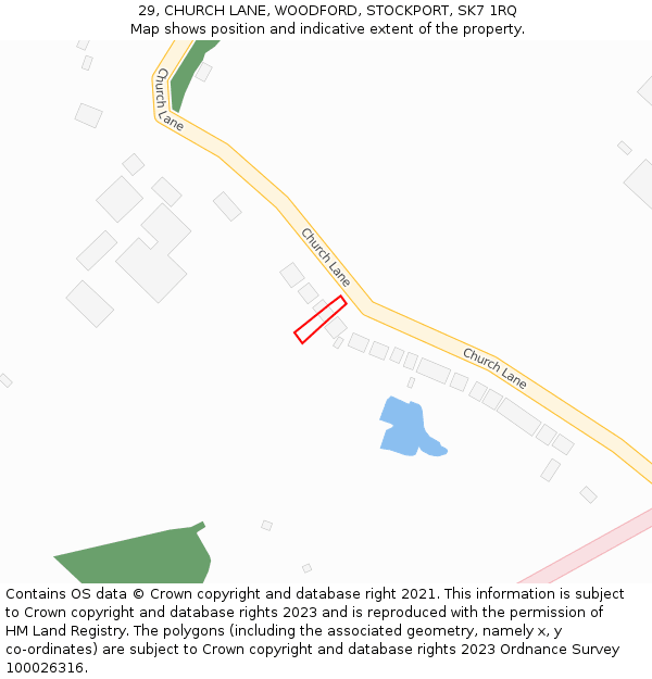 29, CHURCH LANE, WOODFORD, STOCKPORT, SK7 1RQ: Location map and indicative extent of plot