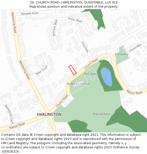 29, CHURCH ROAD, HARLINGTON, DUNSTABLE, LU5 6LE: Location map and indicative extent of plot
