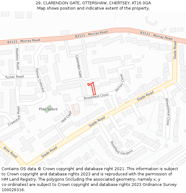 29, CLARENDON GATE, OTTERSHAW, CHERTSEY, KT16 0GA: Location map and indicative extent of plot