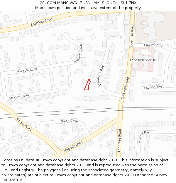 29, COALMANS WAY, BURNHAM, SLOUGH, SL1 7NX: Location map and indicative extent of plot